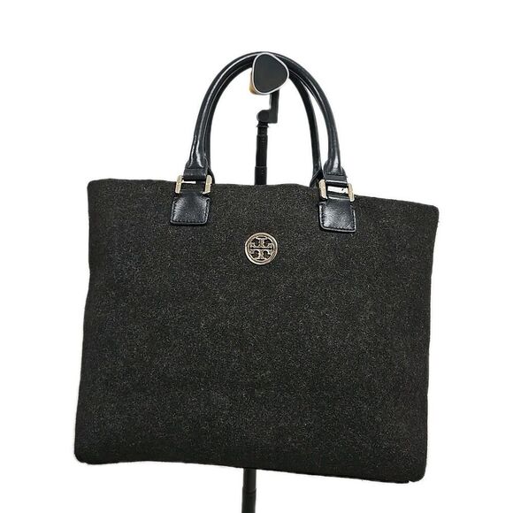 Tory Burch Ella Tote Felt Wool Leather Handbag Charcoal Gray Size Large - Picture 2 of 13